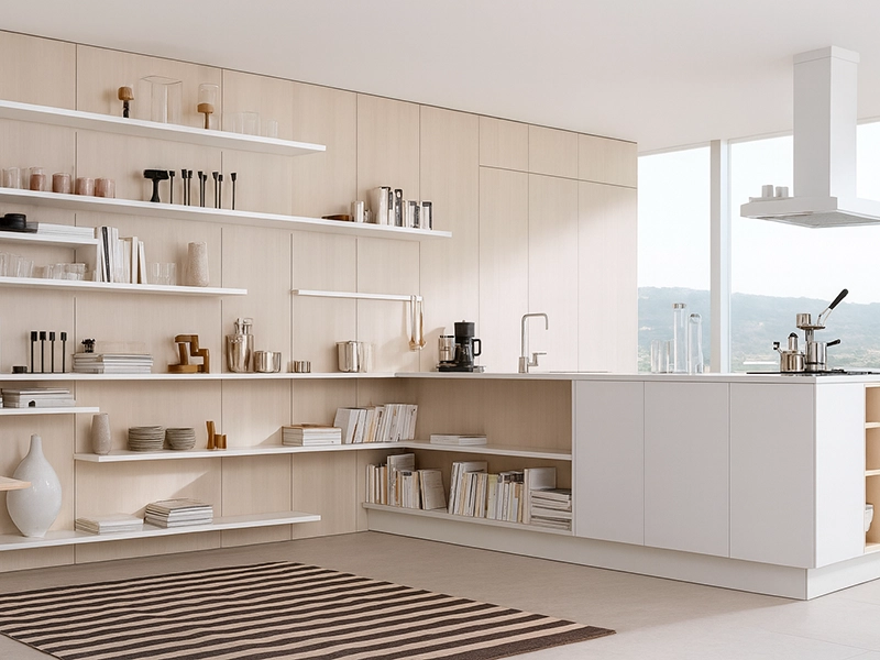 Просторная гостиная, совмещенная с незаметной белой кухней в дальнем углу